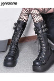 Niulatu Women Goth Platform Mid Calf Boots Wedges Heeled Cospaly Autumn Combat Boots Design Luxury Motorcycle Boots Shoes DJSE