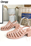 Niulatu Women's Jelly Sandals Woman Summer Hollow Out Shoes Women Buckle Mid Heels Ladies Footwear Female Outside Beach Slides DJSE
