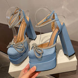 Niulatu Strap Women Pumps Elegant Party Shoes Butterfly-Knot Crystal Hoof Heel Platform Square Toe High Heel Dress Shoes DJSE