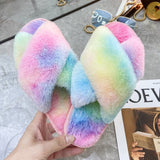 Niulatu Fluffy Slippers Women Cozy Faux Fur Cross Indoor Floor Slides Flat Soft Furry Shoes Ladies Female Celebrities Flip Flops DJSE