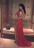 Niulatu Straps Side Split V-Neck Red Sequins Backless Prom HZ1007