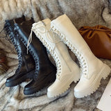 Niulatu High Boots Flat Shoes Boots Women Gothic Black White Leather Boots Winter Shoes Sexy Lady Botas Lace Up Zapatos DJSE