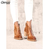 Niulatu Women Ankle Boots 2025 Leather Shoes Low Heel Cool British Embroidered Design Soft Short Boots Party Woman Footwear Crystal Heel DJSE