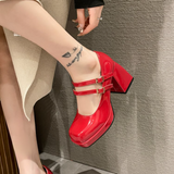 Niulatu High Heels Platform Pumps Women's Square Toe Thick Heels Mary Janes Woman Patent Leather High Heels Shoes Party Shoes DJSE