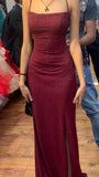 Niulatu Sheath Spaghetti Straps Burgundy Slit Long Evening Dress Prom Dresses SD1731