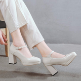 Niulatu Women Shoes Woman Slip on Shallow Buckle Strap Casual Shoes Thick High Heels Plus SizeSolid Leather Pumps shoes DJSE