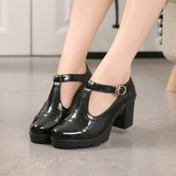 Niulatu Women High Heel Pumps Shoes Lady T Strap Genuine Leather Square Heel Shinny Patent Leather Black High (5cm-8cm) Round Toe DJSE