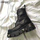 Niulatu Platform Women Ankle Boots Women's Motorcycle Boot Fashion Ladies Chunky Shoes Metal Decor Black BIG Women Boots New DJSE