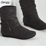 Niulatu Women Autumn Winter Womens Boots Low Wedge Buckle Biker Trim Flat Mid Calf Boots Shoes Girls Ankle Boots DJSE
