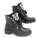 Niulatu Women Ankle Boots 2025 Autumn PU Leather Lace Up Motorcycle Boots Pearl Decor Casual Shoes Round Toe Lady Bootie Female Footwear DJSE