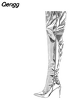 Niulatu Women Boots Mirror Platform Pointy Toe Punk High Thin Heels Over The Knee Long Boots High Quality Zip Casual Party Shoes DJSE