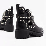 Niulatu Boots Ladies Leather Ankle Boots Spring Autumn Thick Sole Biker Shoes Ladies Punk Pearl Rivet Shoes Large Size DJSE