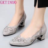 Niulatu 2025 Summer Fashion Hollow Out Genuine Leather Pumps Women Shoes Med Heels Square Heel Mesh Ladies Office Shoes Crystal DJSE
