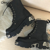 Niulatu Platform Women Ankle Boots Women's Motorcycle Boot Fashion Ladies Chunky Shoes Metal Decor Black BIG Women Boots New DJSE