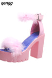Niulatu Sandals High Heels with Fur Female Platform Pumps Women Ankle Strap Women's Wedge Shoes 2025 Summer DJSE