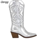 Niulatu Cowgirl Boots for Women 2025 Fashion Slip-on Embroidered Pointed Toe Chunky Heel Mid Calf Western Boots Shinny Shoes DJSE