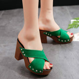 Niulatu Women Sandals 2025 New Square High Heel Platform Flock Casual Rivet Pumps Peep Toe Female Elegant Ladies Shoes Zapatos De Mujer DJSE
