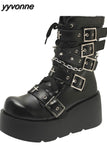 Niulatu Women Goth Platform Mid Calf Boots Wedges Heeled Cospaly Autumn Combat Boots Design Luxury Motorcycle Boots Shoes DJSE