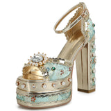 Niulatu Women's Sexy Embroidery Wedding Sandals Thick High Heel Platform Fish Mouth Pumps Gemstone Rivet Party Shoes Red Big Size DJSE
