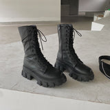 Niulatu Women Motorcycle Boots Wedges Flat Shoes Woman High Heel Platform PU Leather Boots Lace Up Women Shoes Black Boots Girls DJSE