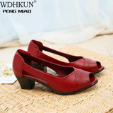 Niulatu Genuine Leather Comfortable Ladies Mid Heel Sandals Women Shoes Hollow Peep Toe Square Heel Sandals Woman Black M843 DJSE