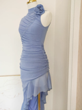 Niulatu Sheath High Neckline Blue Ruffles Vacation Dresses Short Birthday Outfits SD346