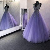 Niulatu V-Neck Sweep Train Beaded Prom Dress HZ0113