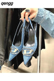 Niulatu Women Free Shipping Spring New Slingback Matal Buckle Ladies Elegant Med Heel Brand Pointed Toe Slip On Stiletto Shoes DJSE