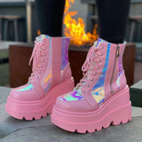 Niulatu Brand Platform Designer Goth Cool Motorcyle Women Boots Punk Street Zipper Elastic Band Black Ladies Shoes DJSE