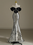 Niulatu Silver Mermaid Sequins Off the Shoulder Beading Prom Dress Evening Dress HZ1007