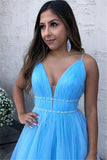 Niulatu V-Neck Tulle Blue Prom Dress Sleeveless HZ1007