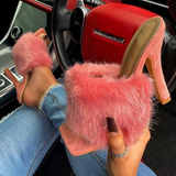 Niulatu Fur Slippers Woman Fashion Feather High Heels Woman Square Toe Mules Lady Slides Shoes Plus Size New Size 43 DJSE