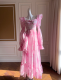 Niulatu Pink CHiffon Print Long A Line Prom Dress Evening Dress HZ1007