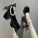 Niulatu Heels Elegant Bow Square Toe Black Fashion Women&#39;s Pumps Thick Heel Wedding Party Pearl Lace Wedding Shoes for Women DJSE