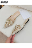 Niulatu Fashion Sexy Women Shoes Elegant String Bead Crystal Patchwork Slip-On 35-42 Thin Heels Slipper NEW AD1147 DJSE