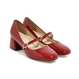 Niulatu Women Shoes High Heels Mary Janes Shoes Patent Leather Thick Heel Pumps Buckle Square Toe Female Footwear White DJSE