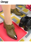 Niulatu Winter Women Boots Pu Leather Solid Color Mid Chunky Heel Ankle Boots Button Pumps Shoes Warm Ladies Short Booties DJSE