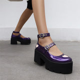 Niulatu to College Round Toe Heart Print Ankle Strap Chunky Goth Platform Women Shoes Trendy Punk Marry Janes Pumps Square Heels Street Style DJSE