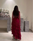 Niulatu Women's Sequin Prom Dress Chiffon Tiered Burgundy Evening Dress HZ1007