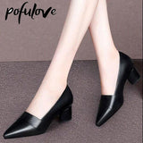 Niulatu Thick Heel Shoes Soft Leather Shallow Mouth Pointed High Heel Retro Ethnic Style High-end Elegant Women's Shoes DJSE