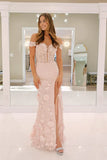 Pretty Light Pink Off the Shoulder Lace Appliques Mermaid Long Prom Dresses Graduation Dress HZ1214