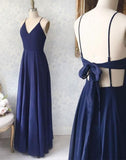 Niulatu blue v neck chiffon long prom dress, evening HZ0113