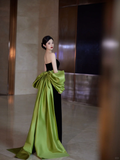 Niulatu Black Strapless Satin Long Prom Dress Evening Dress With Bow HZ1007