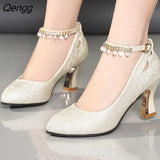 Niulatu Bridal Shoes for Women Autumn Round Toe Block Heels Rhinestone Pearl Platform High Quality Pumps Woman's Shoes DJSE