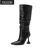 Niulatu Sexy Women Knee High Pleated Boots Warm Winter Fashion Black Mid Calf Boots Woman's Comfort Noble Stiletto Shoes Big 43 DJSE