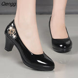 Niulatu Women Cute European Stylish Round Toe Black Pu Leather Square Heel Pumps Lady Casual Wine Red Comfort Summer Heel Shoes DJSE
