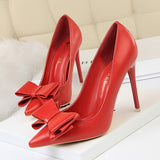 Niulatu Shoes Pink Heels Woman Blue Sweet Bow Women White High Heels Matte Leather Pumps Thin Heel Pointed Ladies high heels DJSE