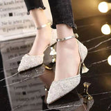 Niulatu Bling Shiny Women Pumps 2025 New Ankle Strap Crystal High Heels Shoes Woman Pointed Toe Thin Heel Wedding Party Shoes DJSE