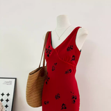 Cute A line V Neckline Red Floral Long Summer Dress For Women HZ1214