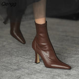 Niulatu 2025 Solid Color Side Zipper High Heel Ankle Boots Thin Boots Pointed Thin Heel Ankle Boots Women's Shoes Rubber DJSE